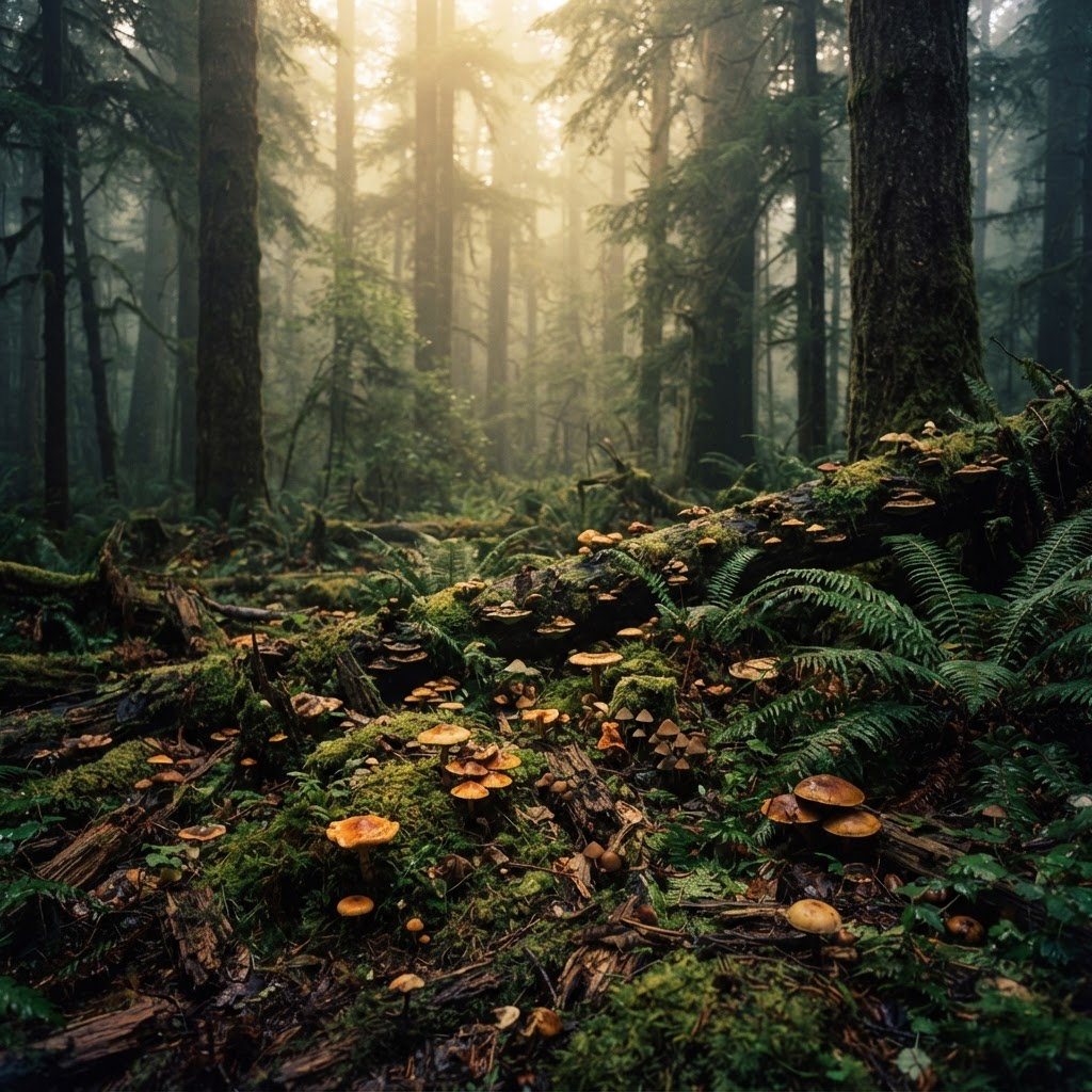 A misty forest floor covered in wild mushrooms and ferns